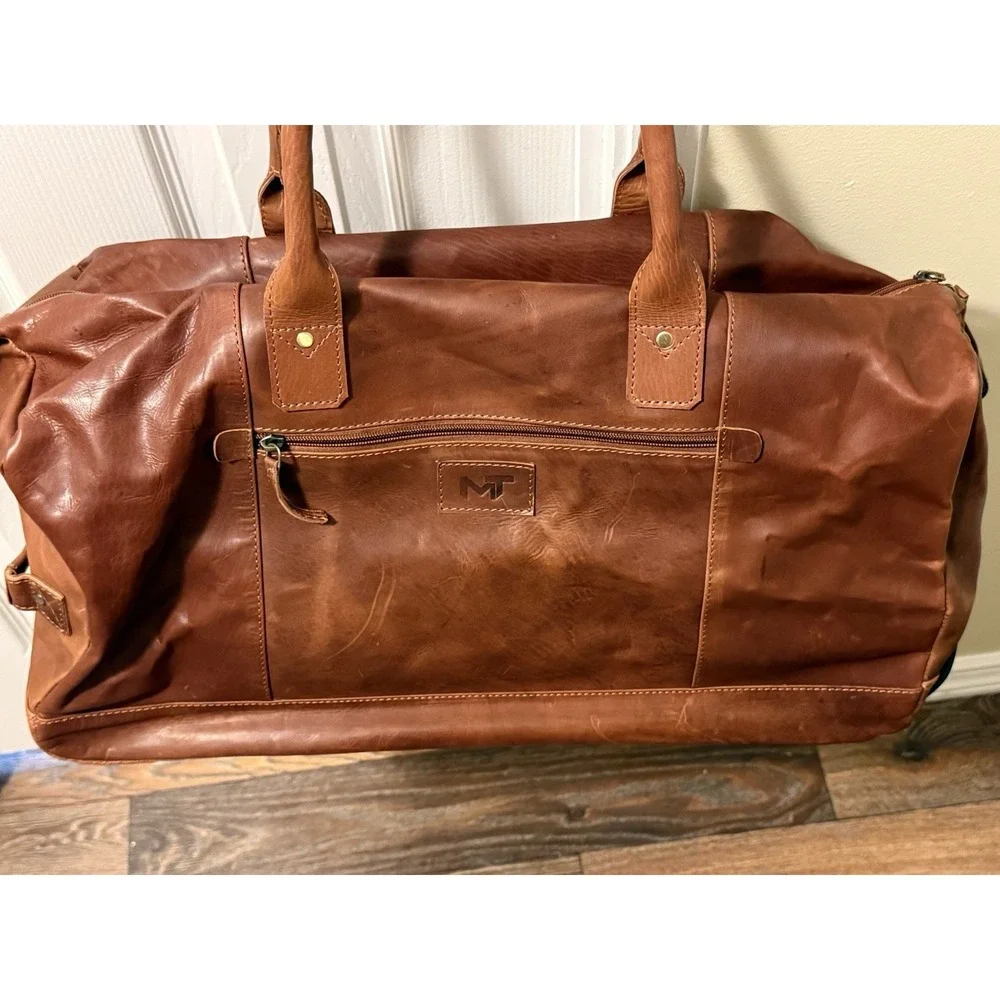 MaheTri Brown Leather Duffle Trolley Travel Bag